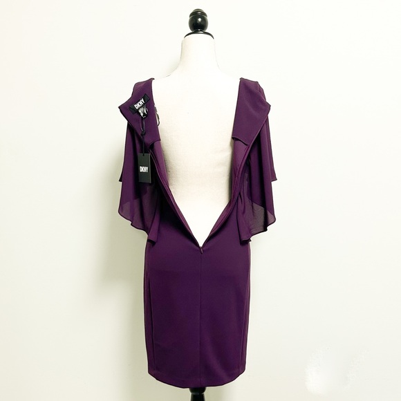DKNY Wine Purple Sheer Capelet Butterfly Half Sleeve Short Dress 2 Stretch NWT - Picture 8 of 12